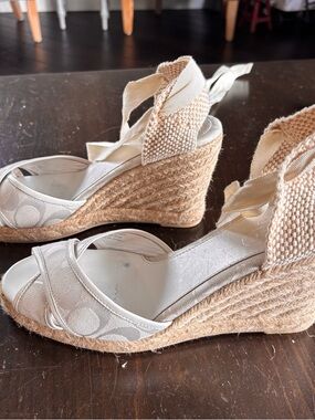 Coach Cream Canvas Espadrille Wedge Sandals